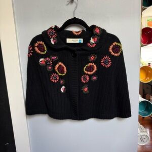Vintage Anthropologie Sparrow Black Knit Cape with Floral Embroidery